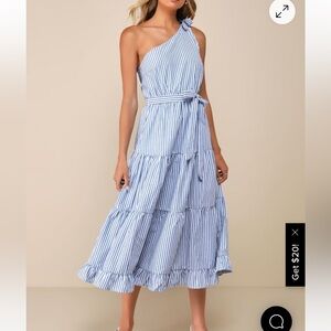 Lulu’s Gleeful Getaway Blue and White Striped One-Shoulder Midi Dress